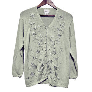 Vintage Jenny Cardigan Sweater Women's Size M Green Embroidered Cottage Granny